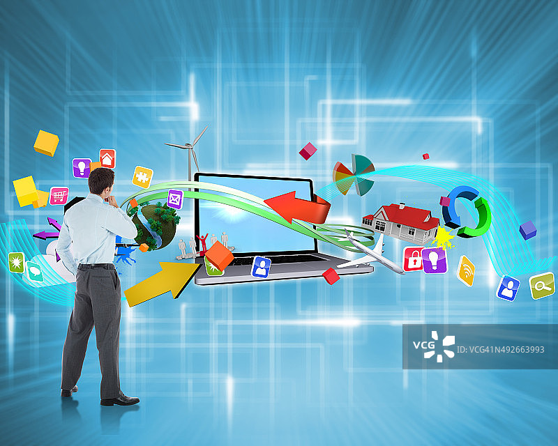 深思熟虑的商人手托着下巴的合成图像图片素材