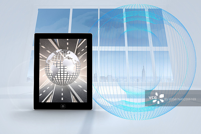平板电脑屏幕上的银色地球仪合成图像图片素材