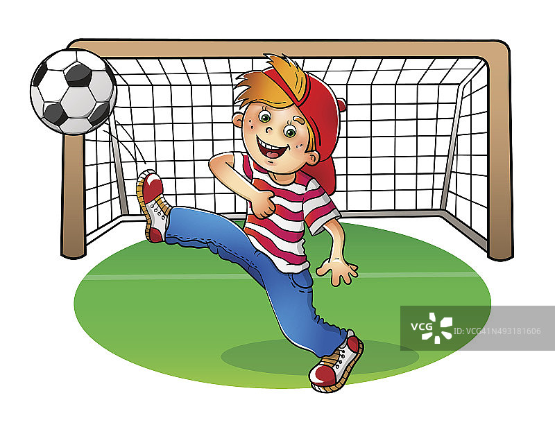 戴红帽子踢足球的男孩图片素材