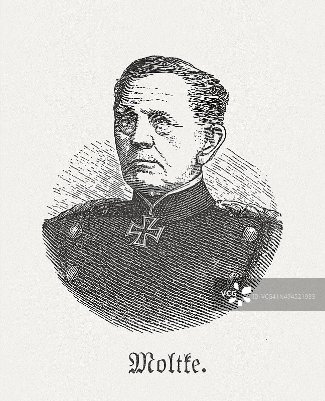 老毛奇（1800-1891），普鲁士将军，1881年木刻版画图片素材