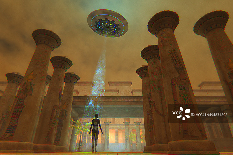 古埃及神庙中的埃及女神与不明飞行物图片素材