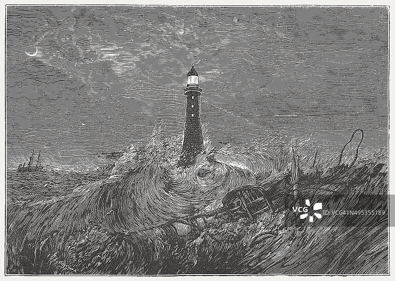 透纳的埃迪斯通灯塔，1881年木刻版画图片素材