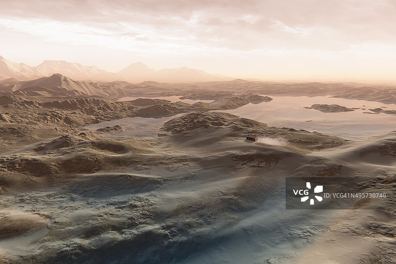车辆行驶在火星湖泊之间图片素材