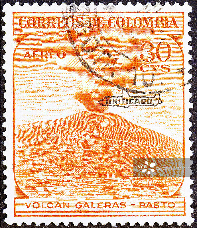哥伦比亚老邮票上的加勒拉斯火山图片素材