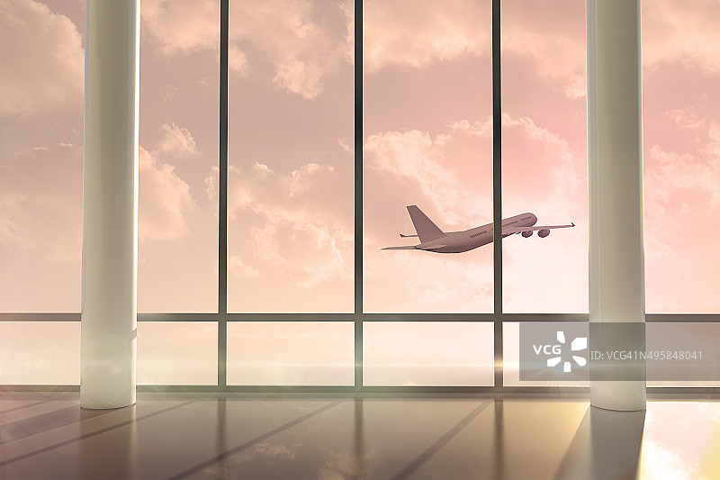 日出时飞机飞过窗户图片素材