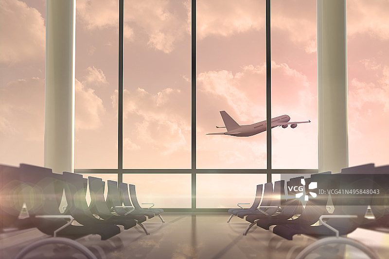 飞机飞过候机厅窗户图片素材