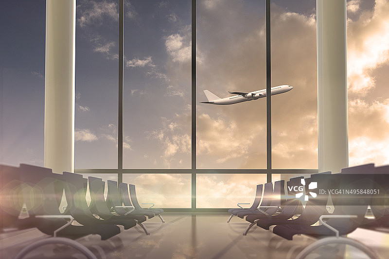 飞机飞过候机厅窗户图片素材