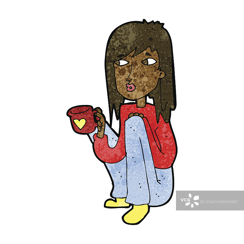 坐着喝咖啡的卡通女人图片素材