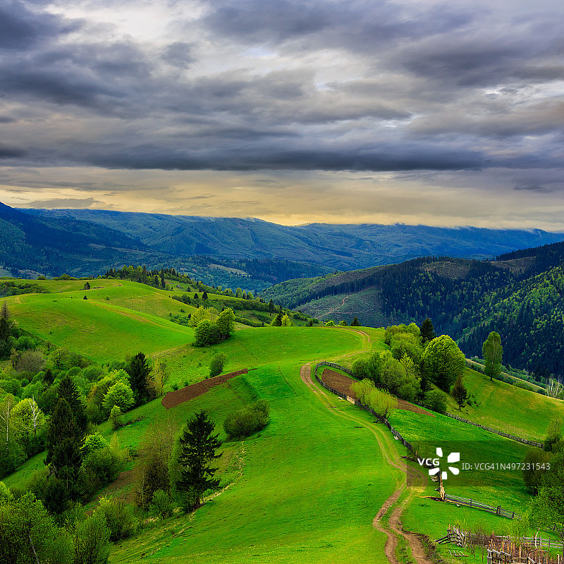 山坡草地上的栅栏图片素材