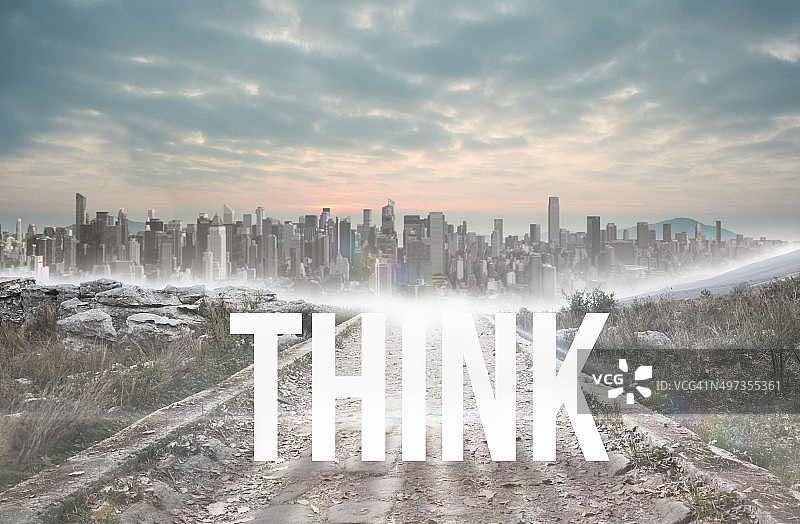 思考，通往地平线上大城市的石头路图片素材