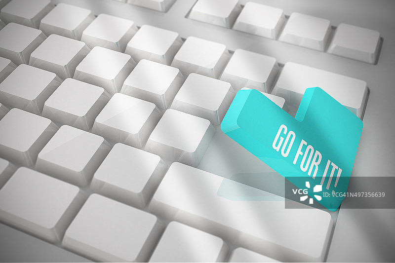 白色键盘上的蓝色按键写着加油图片素材