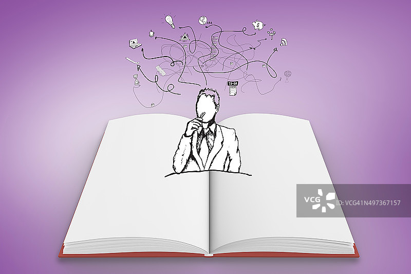 在打开的书上涂鸦的思考中的商人合成图像图片素材