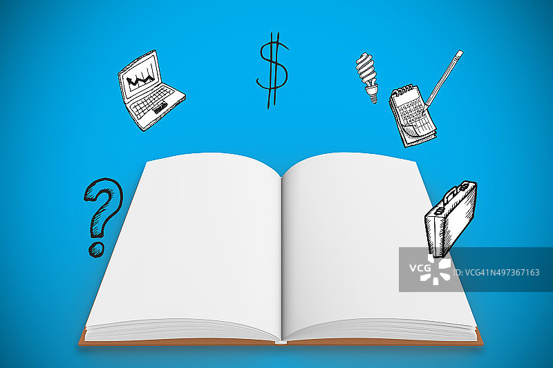 带有商务图标的涂鸦下的打开的书本合成图像图片素材