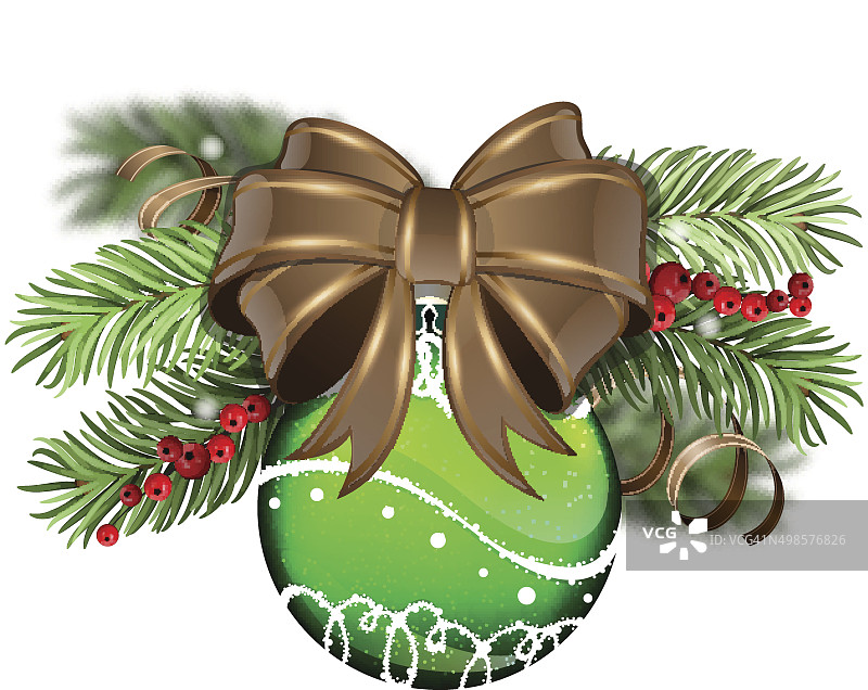 绿色圣诞球，棕色蝴蝶结图片素材