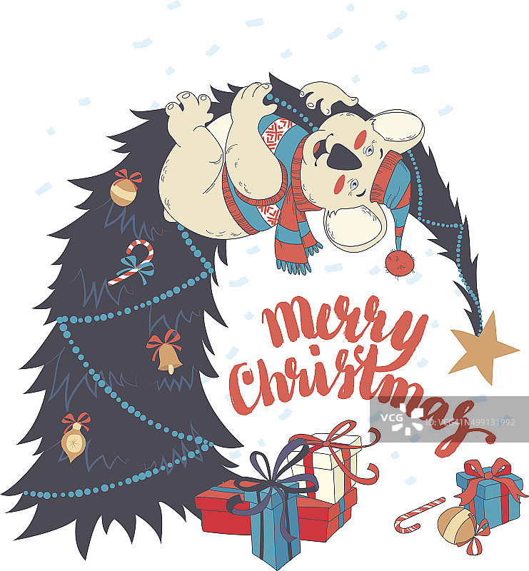 有趣的圣诞贺卡，考拉穿着可爱的毛衣图片素材