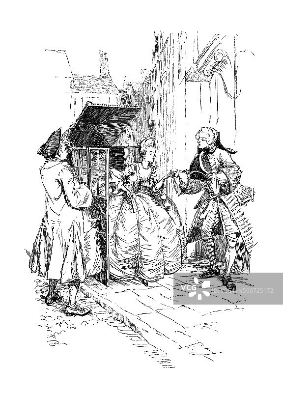 十八世纪男子帮助女士下轿图片素材