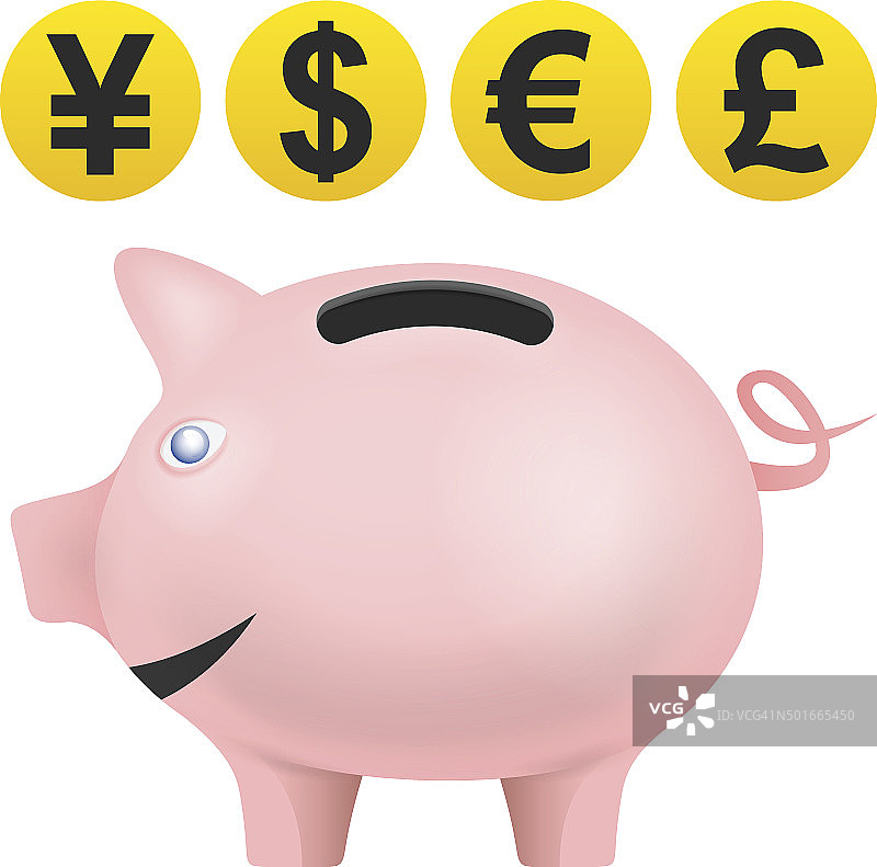 侧视小猪与货币硬币矢量图图片素材