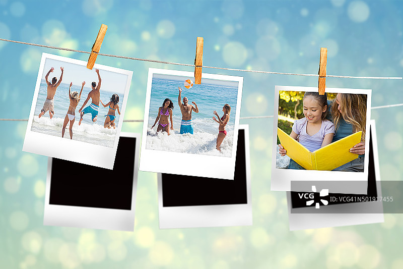 挂在绳子上的即时照片合成图像图片素材