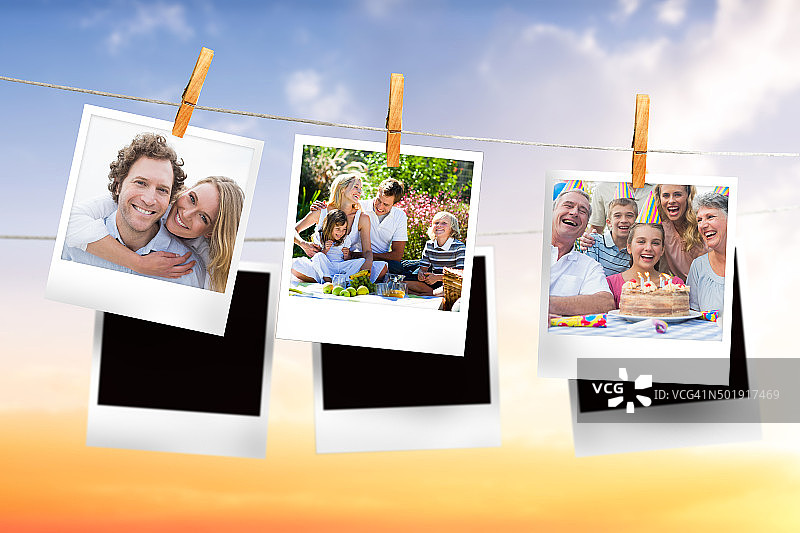 挂在绳子上的即时照片合成图像图片素材