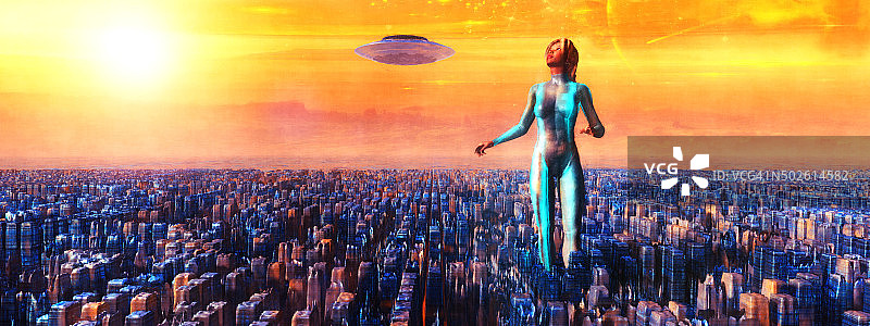 赛博格宇航员在外星球上行走，有不明飞行物图片素材
