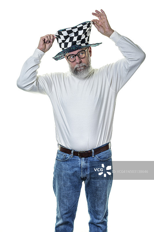 戴格子呢高顶帽的年长小丑男人图片素材