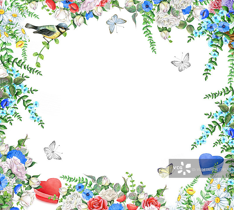 水彩花鸟精美边框图片素材