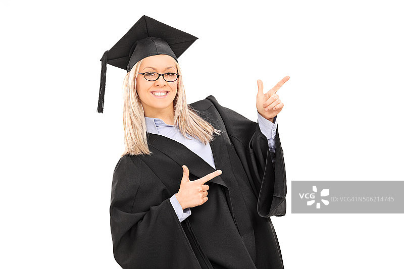 女研究生用手指指向前方图片素材