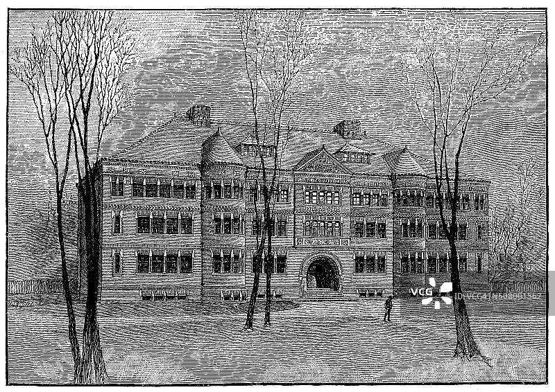 哈佛大学赛维尔厅复古插画图片素材