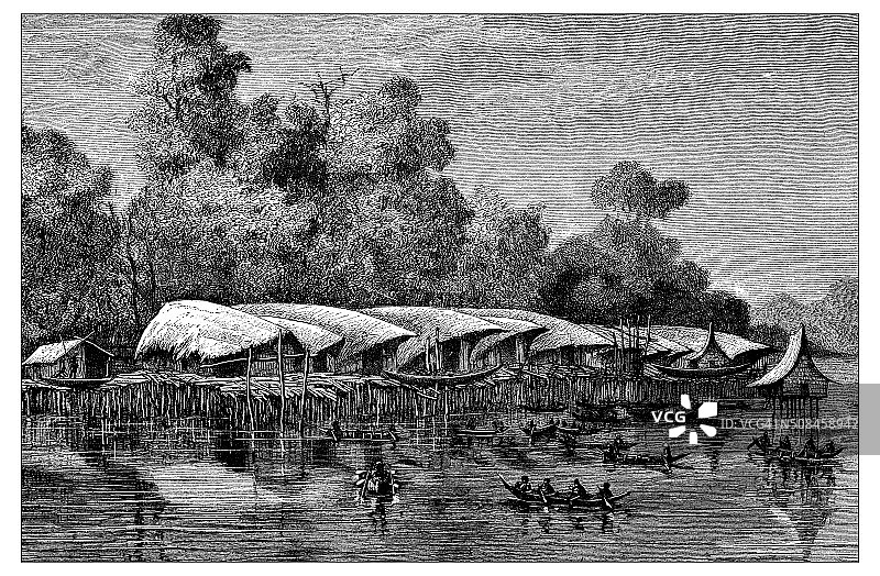 新几内亚索韦克湖高脚屋村庄古董插画图片素材