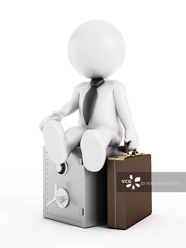 商人坐在钢制保险箱上图片素材