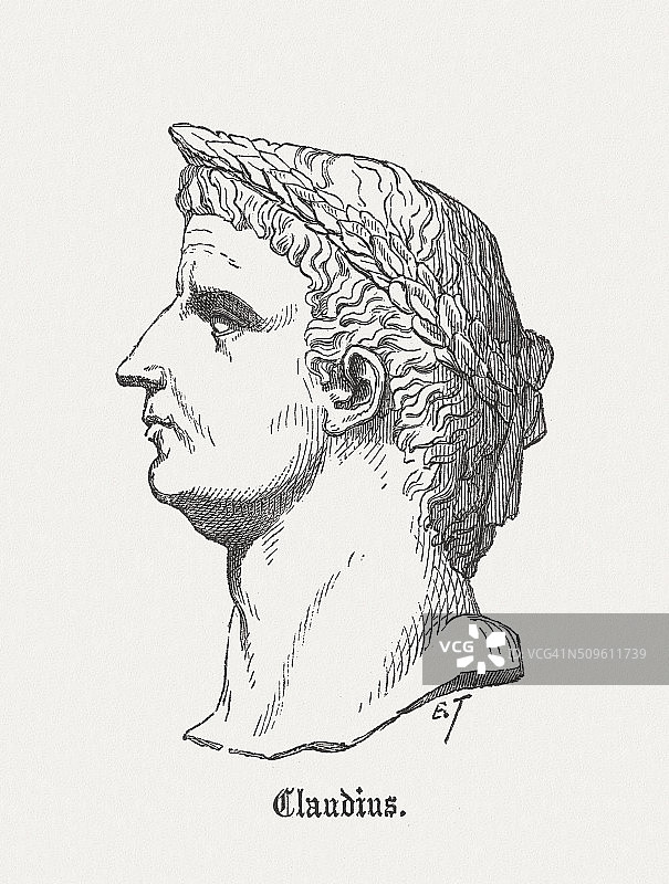 克劳狄乌斯（公元前10年-公元54年），罗马皇帝，1864年出版的木刻版画图片素材