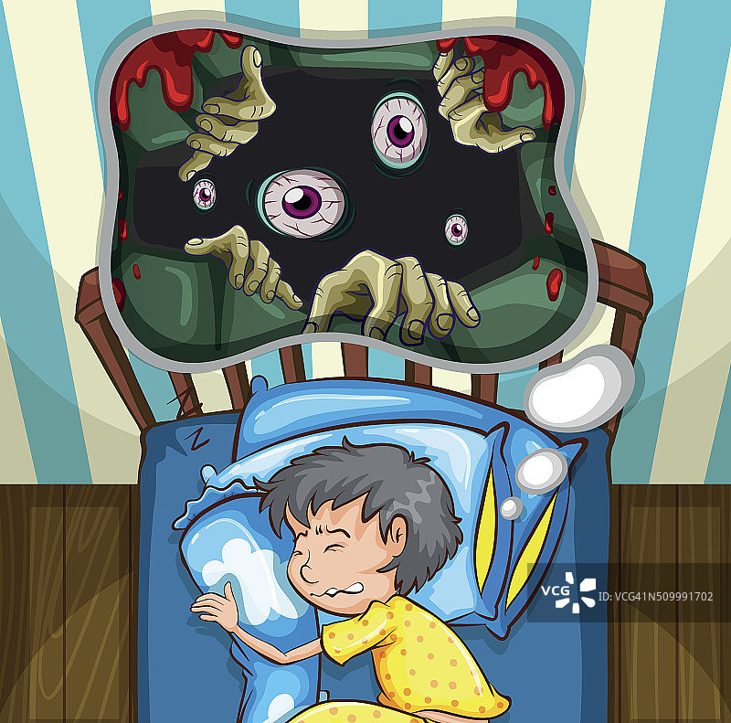 男孩在床上做噩梦图片素材