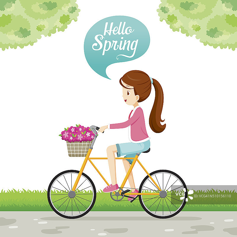 女孩骑自行车，车筐里装着花图片素材