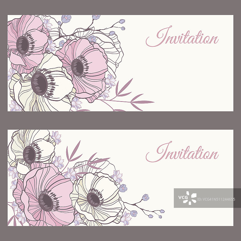 带有银莲花图案的优雅婚礼邀请卡模板图片素材