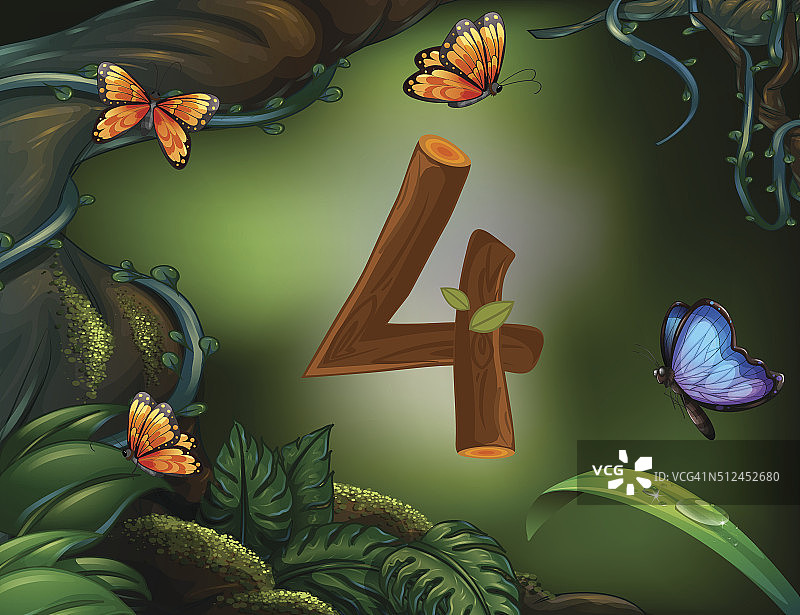 花园中带有4只蝴蝶的数字4图片素材