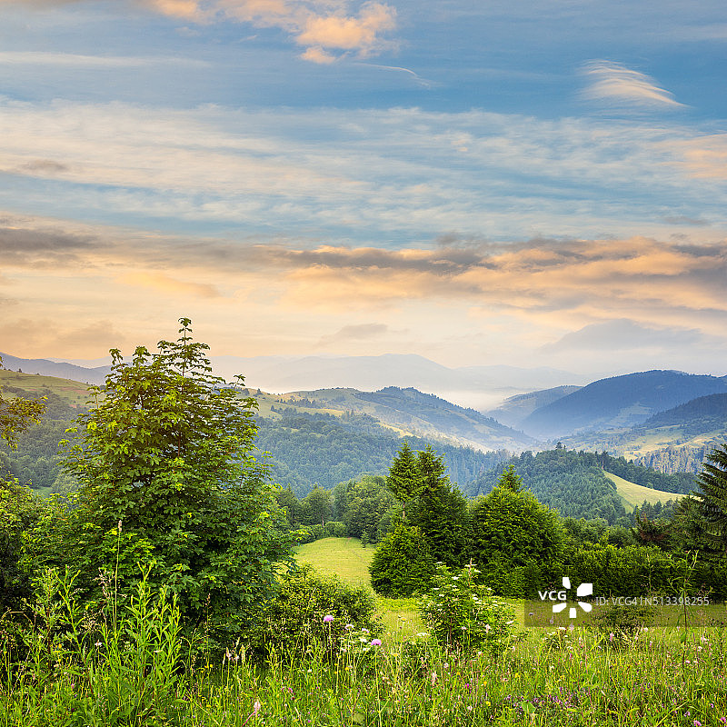 日出时分山坡草地上的村庄图片素材