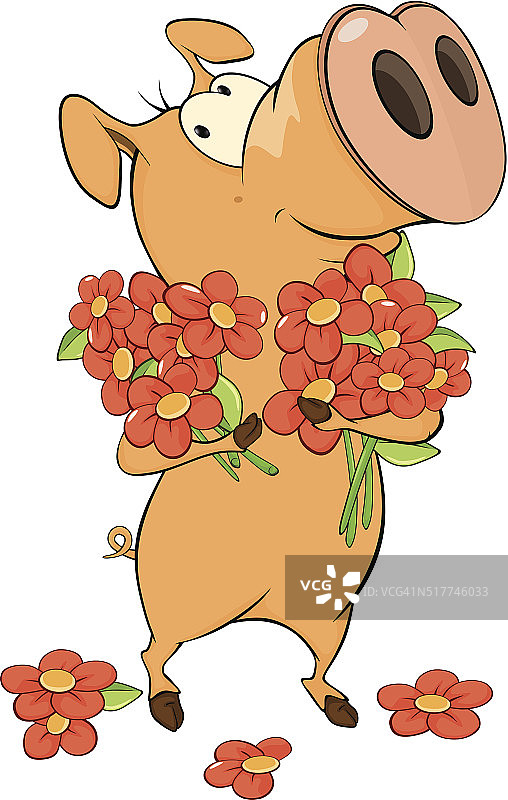 小猪与鲜花卡通图片素材
