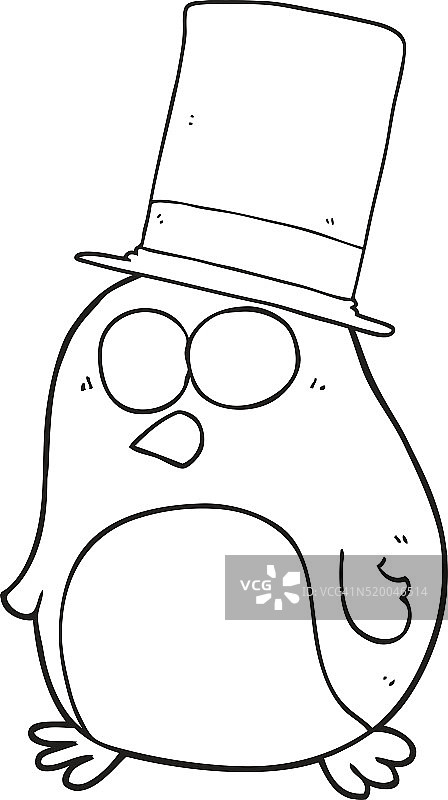 戴着高帽的黑白卡通鸟图片素材