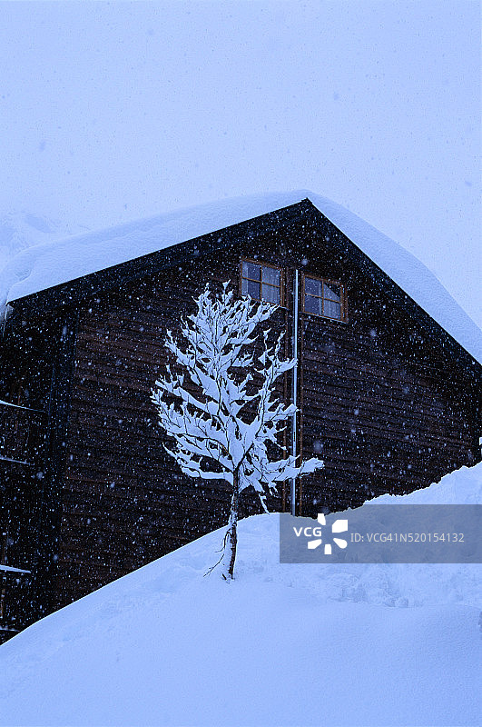 雪覆盖的滑雪小屋图片素材