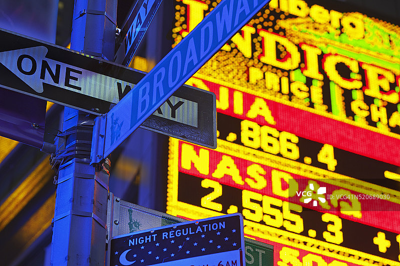 时代广场摩根士丹利大厦股票行情显示器前的街道标志图片素材