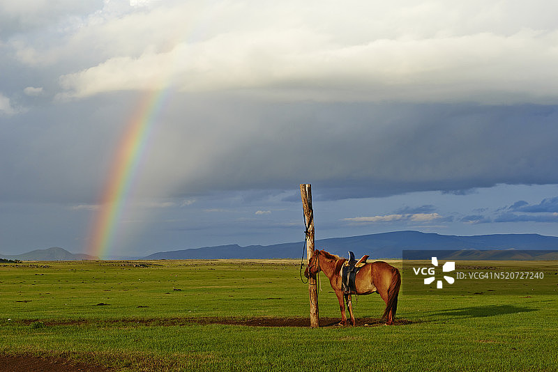 蒙古后杭爱省鄂尔浑河谷的游牧营地图片素材