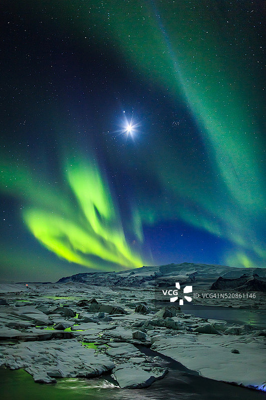 冰岛杰古沙龙冰河湖上的月亮和北极光图片素材