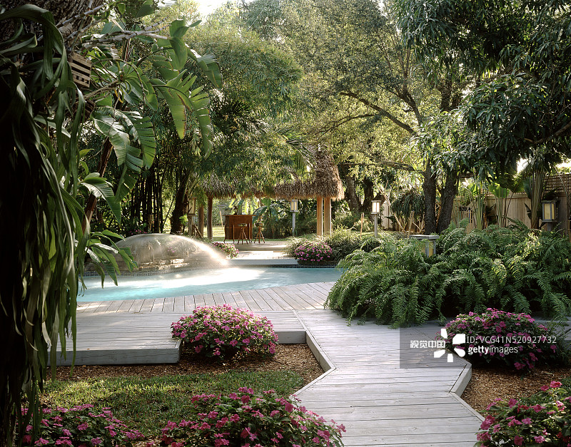 热带风光：后院木制平台通往泳池和茅草屋图片素材