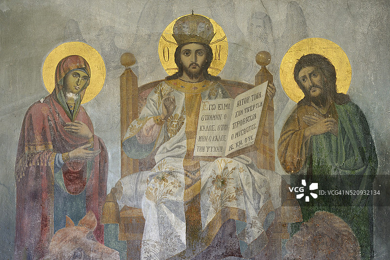 希腊哈尔基季基：被列为世界遗产的阿陀斯山半岛西蒙诺斯·彼得拉修道院壁画图片素材