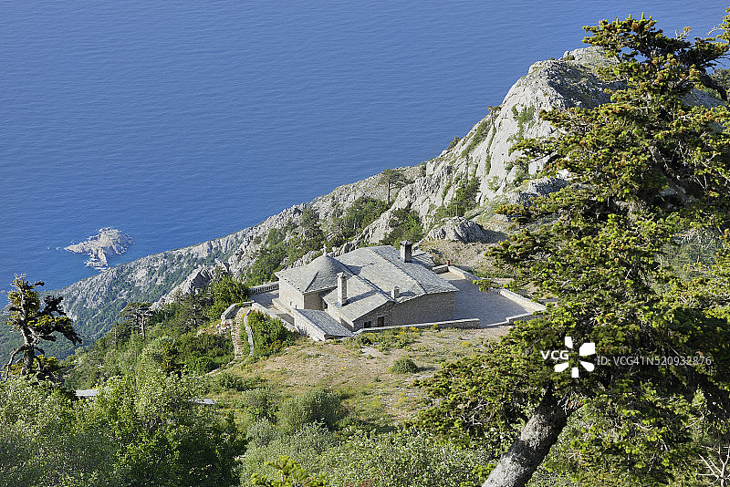 希腊哈尔基季基，阿陀斯山，世界遗产，Panaghia小教堂和山间小屋图片素材