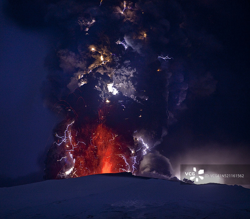埃亚菲亚德拉冰盖火山喷发时火山灰云中的闪电图片素材