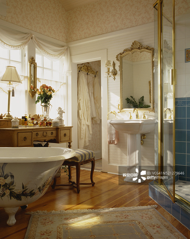 传统浴室中的彩绘爪足浴缸图片素材
