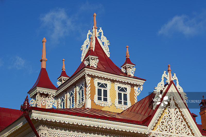 俄罗斯托木斯克：克拉斯诺阿米斯卡亚大街上的孔雀屋木制建筑图片素材