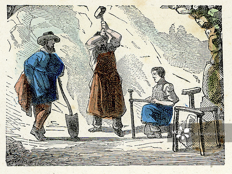 维多利亚时代的矿工正在破石图片素材