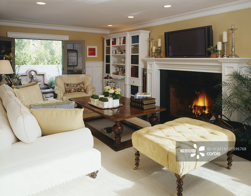 宽敞客厅外的喷泉图片素材